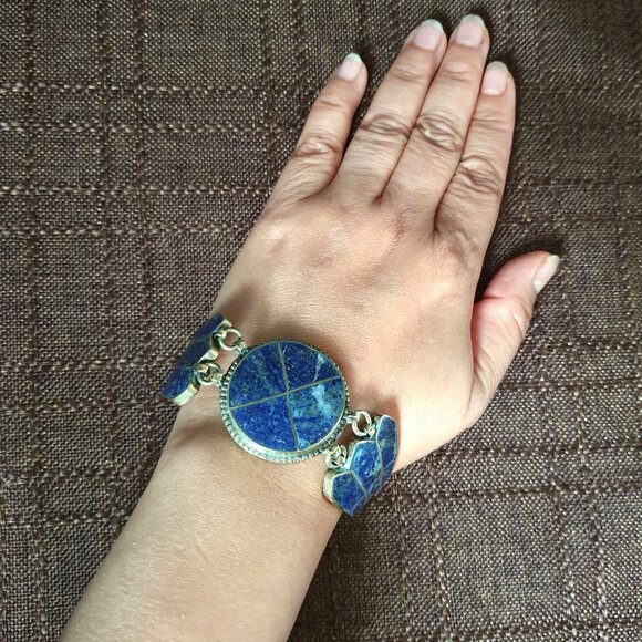 7'' Rare  Bold Vintage Afghan Lapis Lazuli Inlay Silver Tone Bracelet - Picture 3 of 11